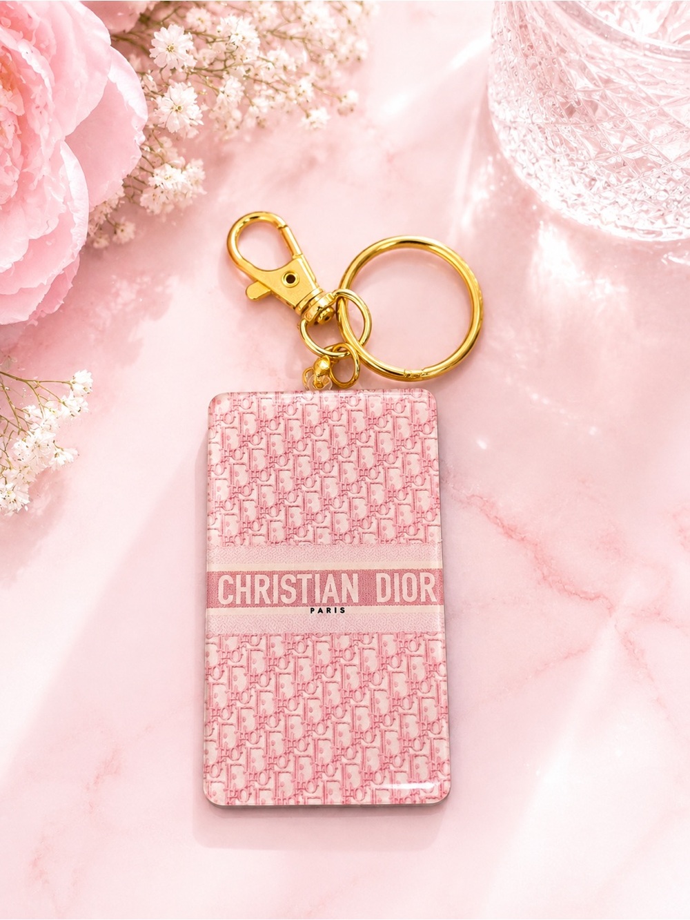 Pink Double-Sided Acrylic Keychain Bag Charm – Gold Tone